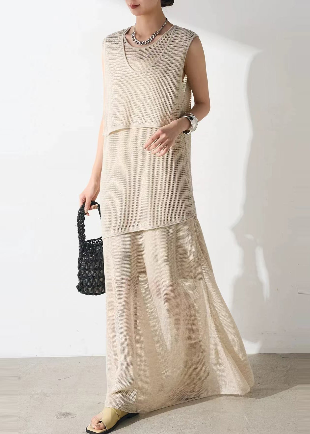 Tulle Outfits Piece Hollow Two Set Elegant Beige Asymmetrical Out FashionChic