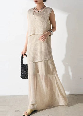 Tulle Outfits Piece Hollow Two Set Elegant Beige Asymmetrical Out FashionChic