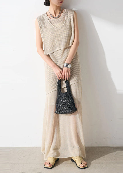 Tulle Outfits Piece Hollow Two Set Elegant Beige Asymmetrical Out FashionChic