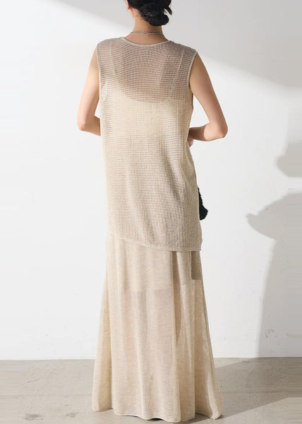 Tulle Outfits Piece Hollow Two Set Elegant Beige Asymmetrical Out FashionChic