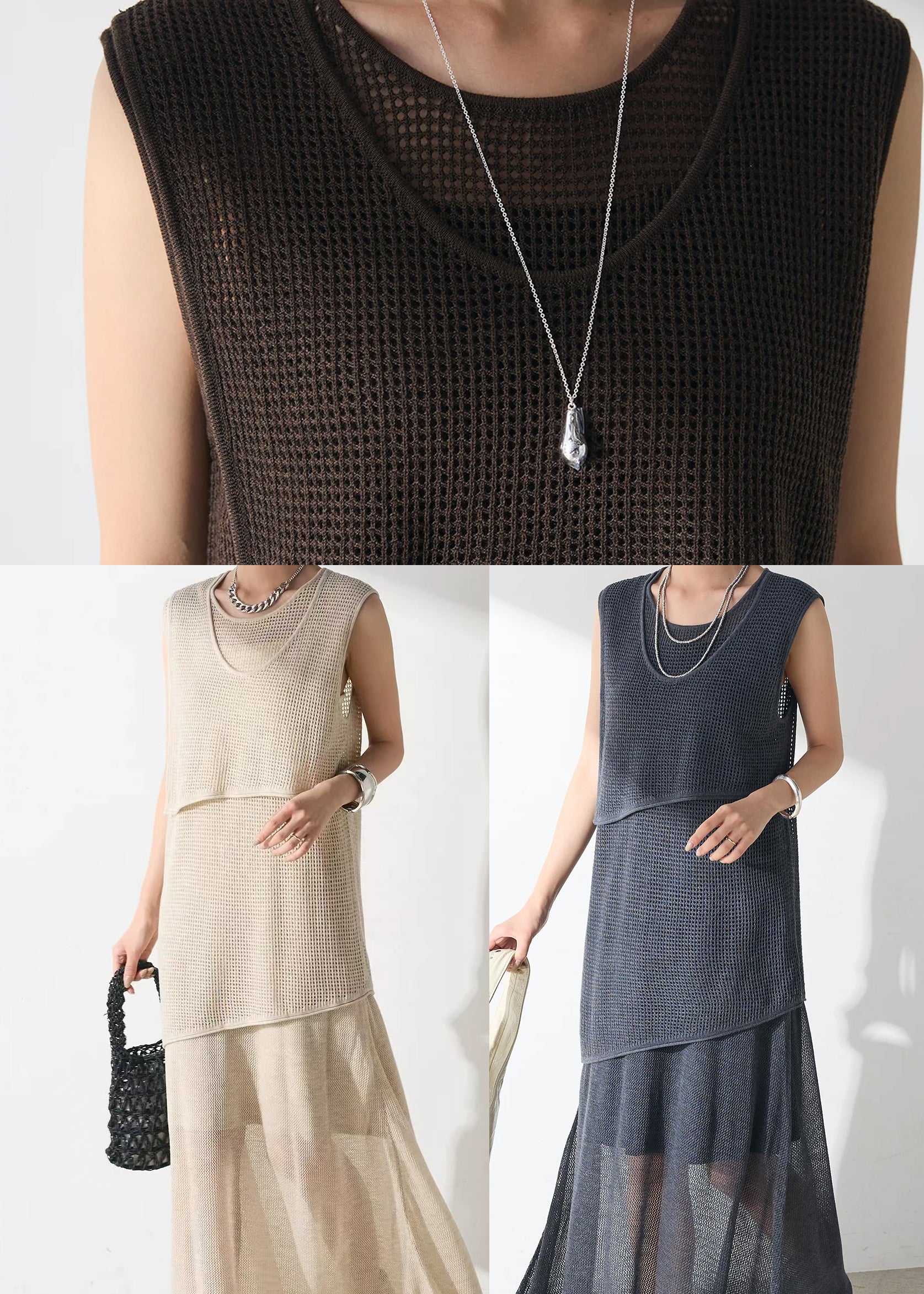 Tulle Outfits Piece Hollow Two Set Elegant Beige Asymmetrical Out FashionChic