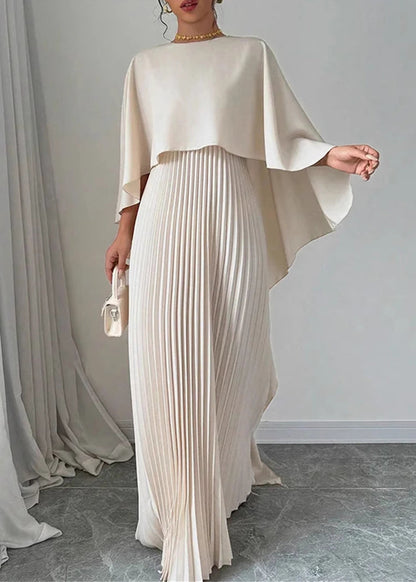 Long Dress Beige Sleeve Patchwork Asymmetrical Elegant Batwing FashionChic