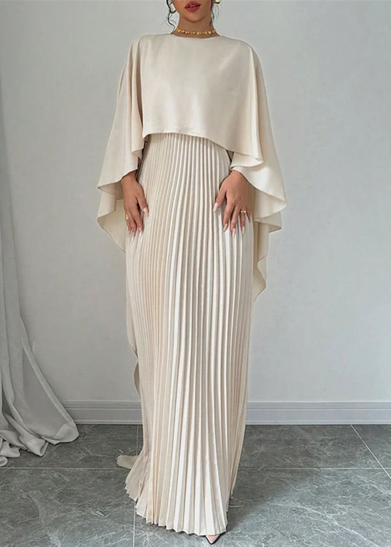 Long Dress Beige Sleeve Patchwork Asymmetrical Elegant Batwing FashionChic