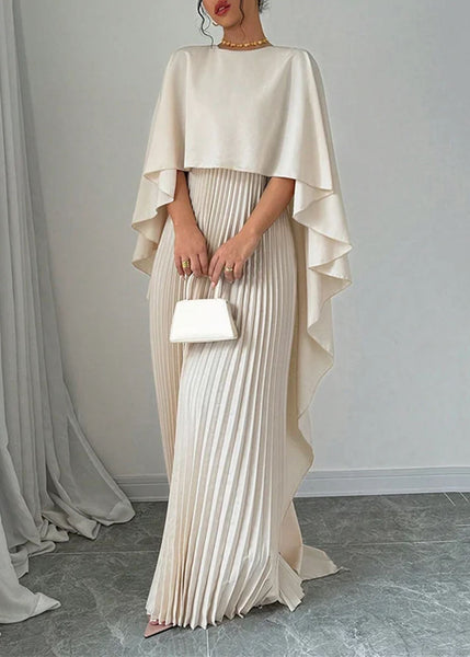 Long Dress Beige Sleeve Patchwork Asymmetrical Elegant Batwing FashionChic