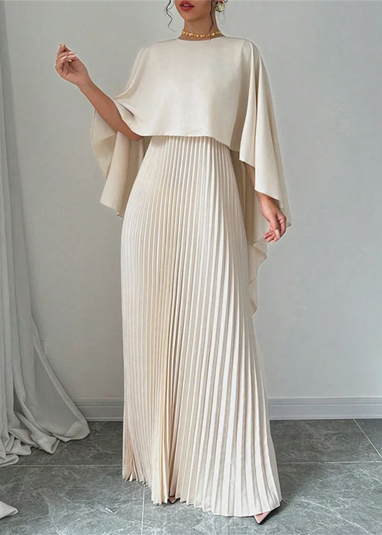 Long Dress Beige Sleeve Patchwork Asymmetrical Elegant Batwing FashionChic