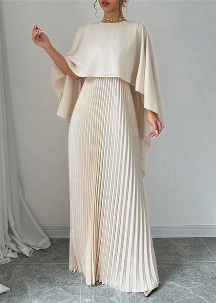 Long Dress Beige Sleeve Patchwork Asymmetrical Elegant Batwing FashionChic