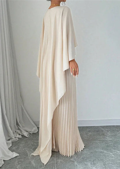 Long Dress Beige Sleeve Patchwork Asymmetrical Elegant Batwing FashionChic