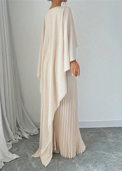 Long Dress Beige Sleeve Patchwork Asymmetrical Elegant Batwing FashionChic