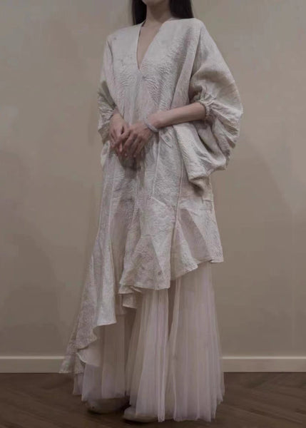 Elegant Beige Asymmetrical Tulle Patchwork Maxi Dress Lantern Sleeve XX095 SH-LF-SDL240611