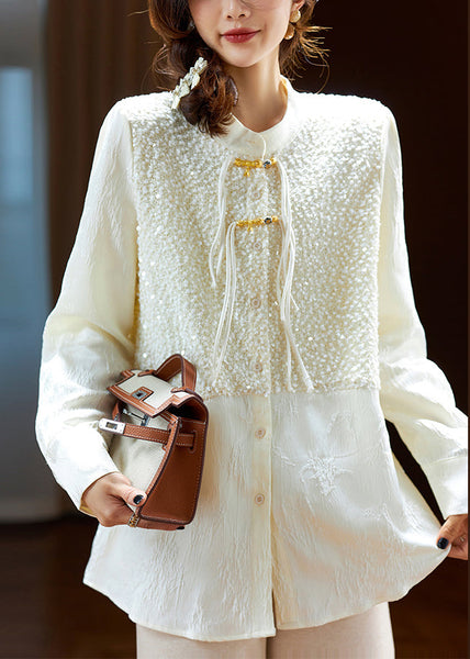 Elegant Beige Chinese Button Sequins Silk Shirt Long Sleeve AC1003 Genistyle Shop