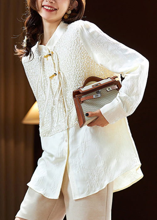 Elegant Beige Chinese Button Sequins Silk Shirt Long Sleeve AC1003 Genistyle Shop