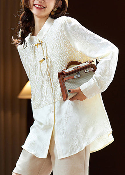 Elegant Beige Chinese Button Sequins Silk Shirt Long Sleeve AC1003 Genistyle Shop