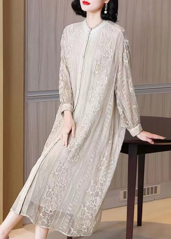 Elegant Beige Embroidered Button Silk Long Dresses Long Sleeve OP1091 Ada Fashion