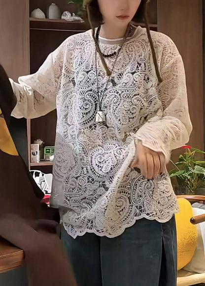 Elegant Hollow T Embroidered Beige Shirt Out Spring Lace FashionChic