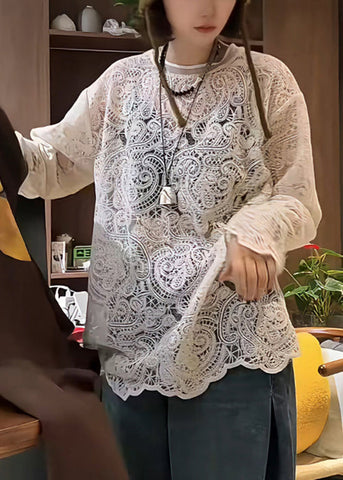 Elegant Hollow T Embroidered Beige Shirt Out Spring Lace FashionChic