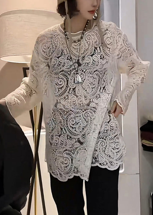 Elegant Hollow T Embroidered Beige Shirt Out Spring Lace FashionChic