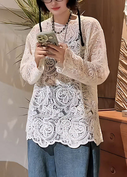 Elegant Hollow T Embroidered Beige Shirt Out Spring Lace FashionChic