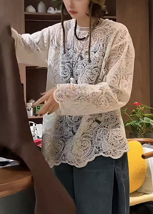 Elegant Hollow T Embroidered Beige Shirt Out Spring Lace FashionChic