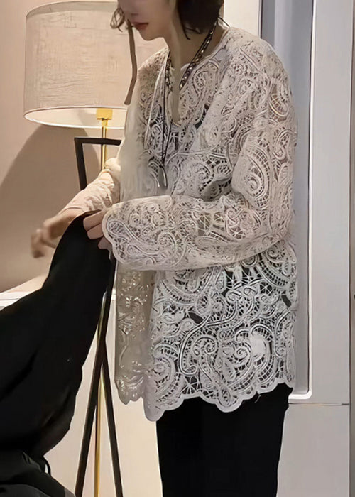 Elegant Hollow T Embroidered Beige Shirt Out Spring Lace FashionChic