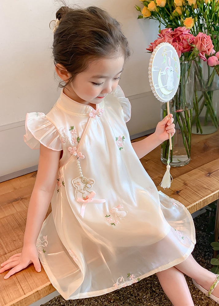 Elegant Beige Embroideried Button Tulle Girls Long Dresses Summer MN014 MM-RCTZ-SDL240701