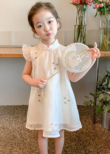Elegant Beige Embroideried Button Tulle Girls Long Dresses Summer MN014 MM-RCTZ-SDL240701