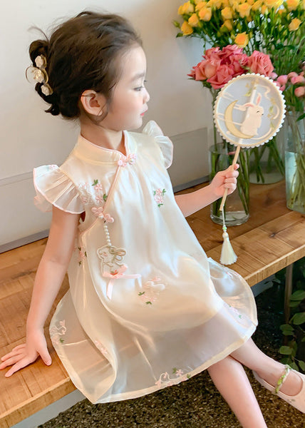 Elegant Beige Embroideried Button Tulle Girls Long Dresses Summer MN014 MM-RCTZ-SDL240701
