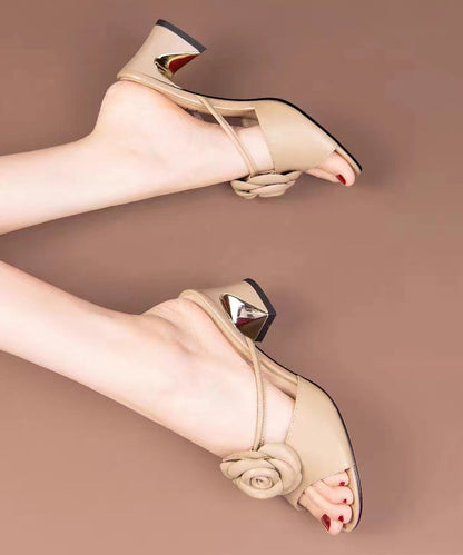 Elegant Beige Floral Chunky Heel Slide Sandals Peep Toe XC1028 Ada Fashion