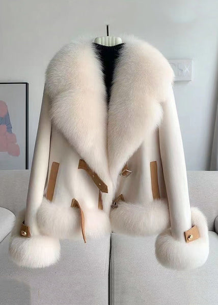 Elegant Beige Fur Collar Patchwork Woolen Coat Winter RZ035 ABC