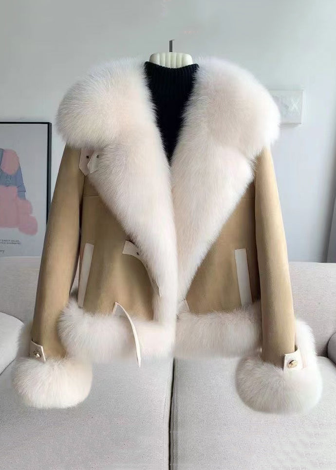 Elegant Beige Fur Collar Patchwork Woolen Coat Winter RZ035 ABC