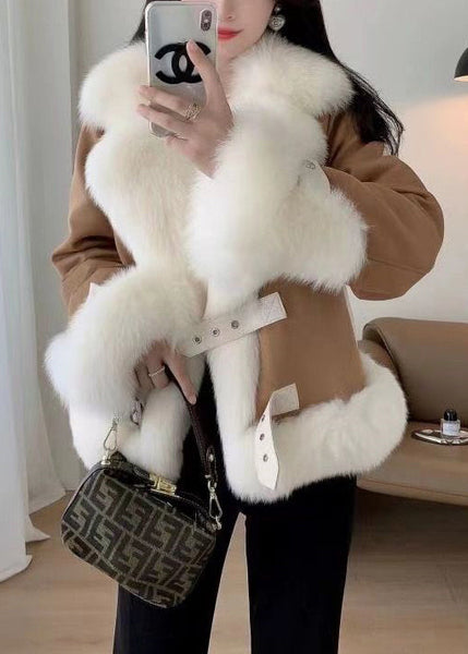 Elegant Beige Fur Collar Patchwork Woolen Coat Winter RZ035 ABC