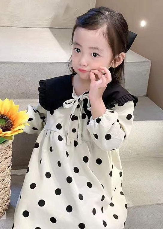 Elegant Beige Lace Up Dot Corduroy Girls Dresses Long Sleeve XZ083 FALL-MM-RCTZ-FDGM240618