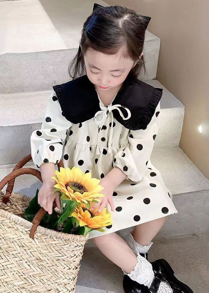 Elegant Beige Lace Up Dot Corduroy Girls Dresses Long Sleeve XZ083 FALL-MM-RCTZ-FDGM240618