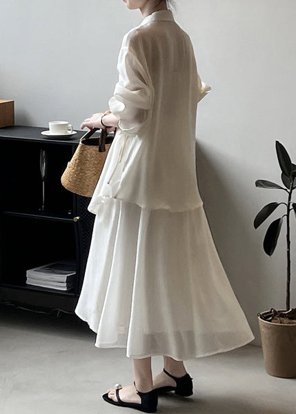 Elegant Beige Lace Up Shirts And Skirts Two Pieces Set Fall QE042 MZF-TPIEC240927