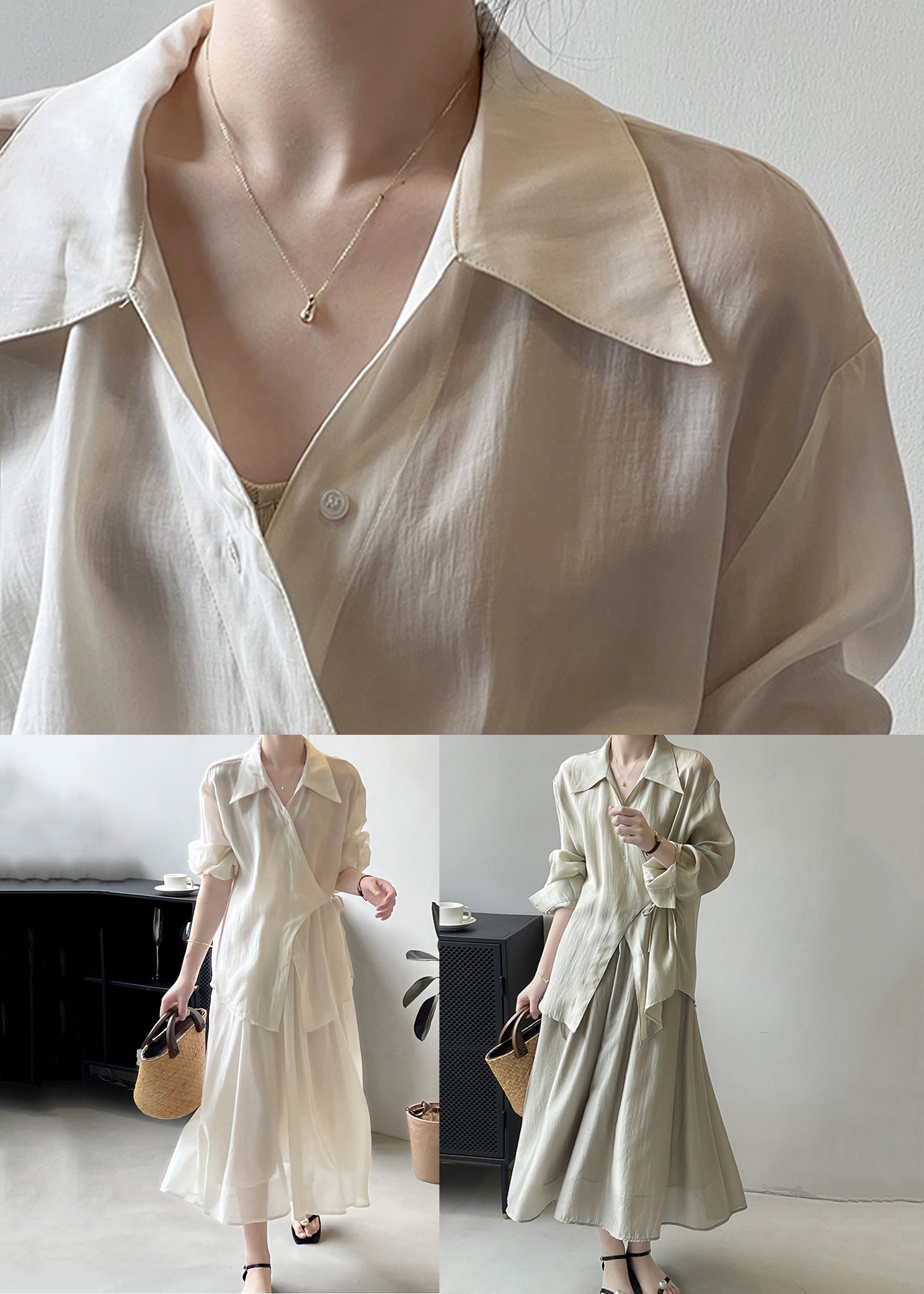 Elegant Beige Lace Up Shirts And Skirts Two Pieces Set Fall QE042 MZF-TPIEC240927