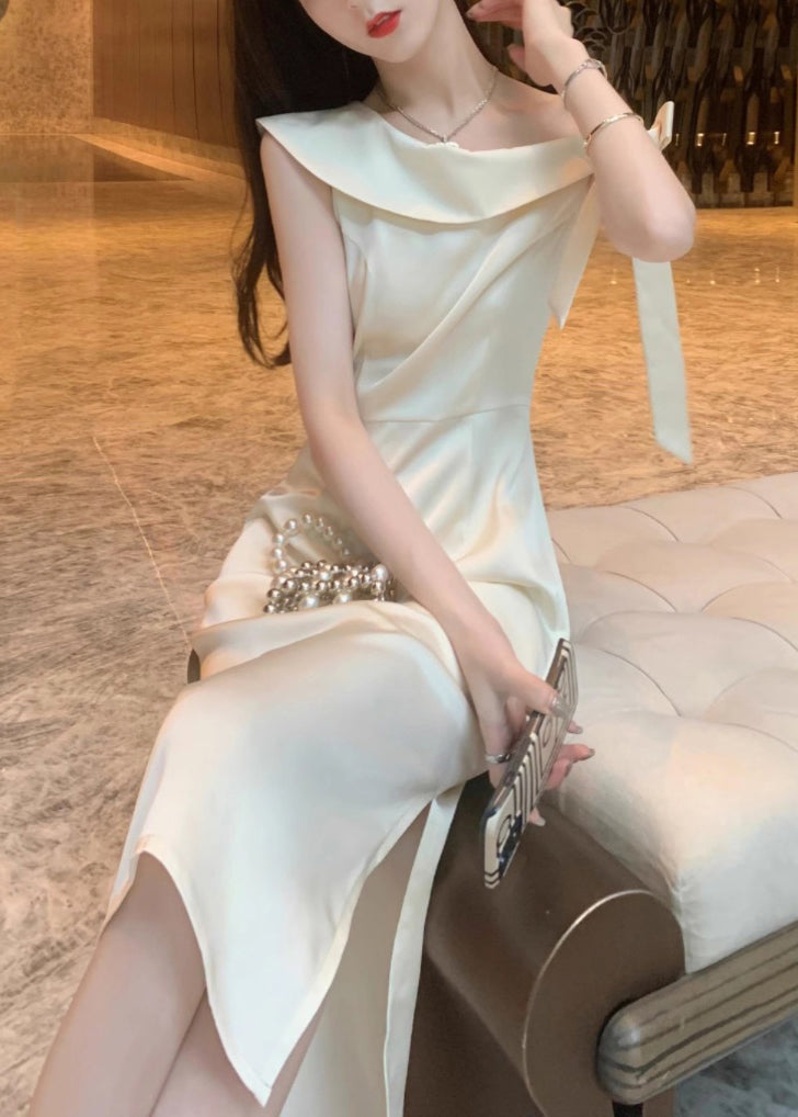 Elegant Beige Lace Up Side Open Cotton Dresses Summer XX011 SH-LF-SDM240611