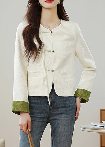 Elegant Beige O Neck Print Button Silk Coats Fall QO009 MZF-CTS241008