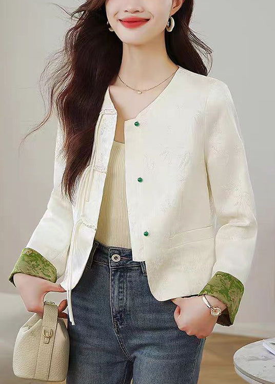 Elegant Beige O Neck Print Button Silk Coats Fall QO009 MZF-CTS241008