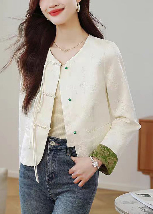 Elegant Beige O Neck Print Button Silk Coats Fall QO009 MZF-CTS241008