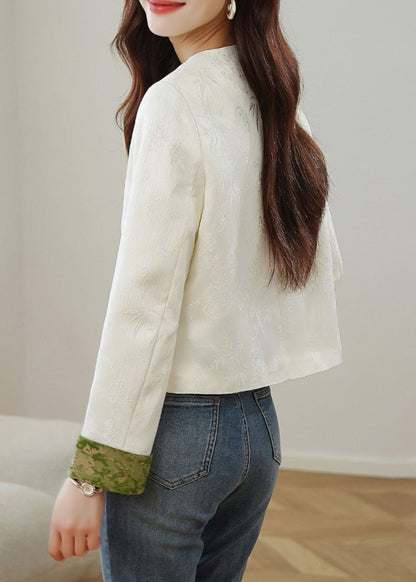 Elegant Beige O Neck Print Button Silk Coats Fall QO009 MZF-CTS241008