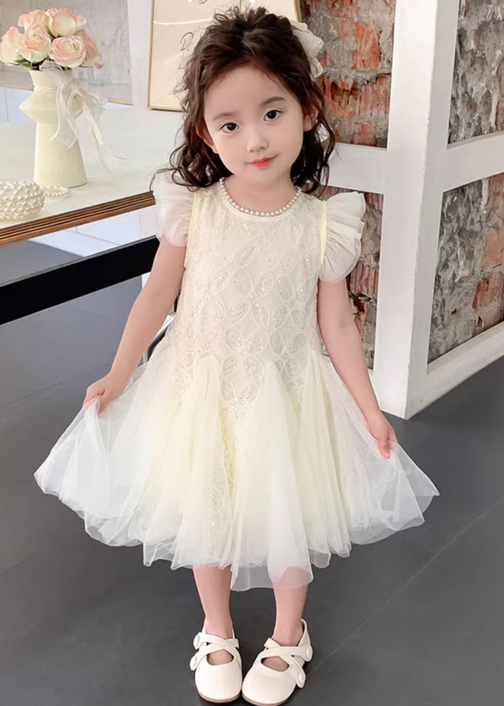 Elegant Beige Pearl Sequins Tulle Girls Dress Summer TT027 WS-JRTZSDGL240817