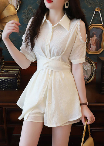 Summer And Elegant Shorts Two-Piece Beige Cotton Set Shirts Pearl FashionChic
