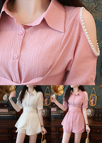 Summer And Elegant Shorts Two-Piece Beige Cotton Set Shirts Pearl FashionChic