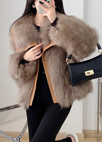 Elegant Beige Peter Pan Collar Button Leather And Fur Coats Spring YW034 ABC