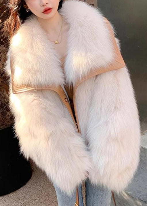 Elegant Beige Peter Pan Collar Button Leather And Fur Coats Spring YW034 ABC