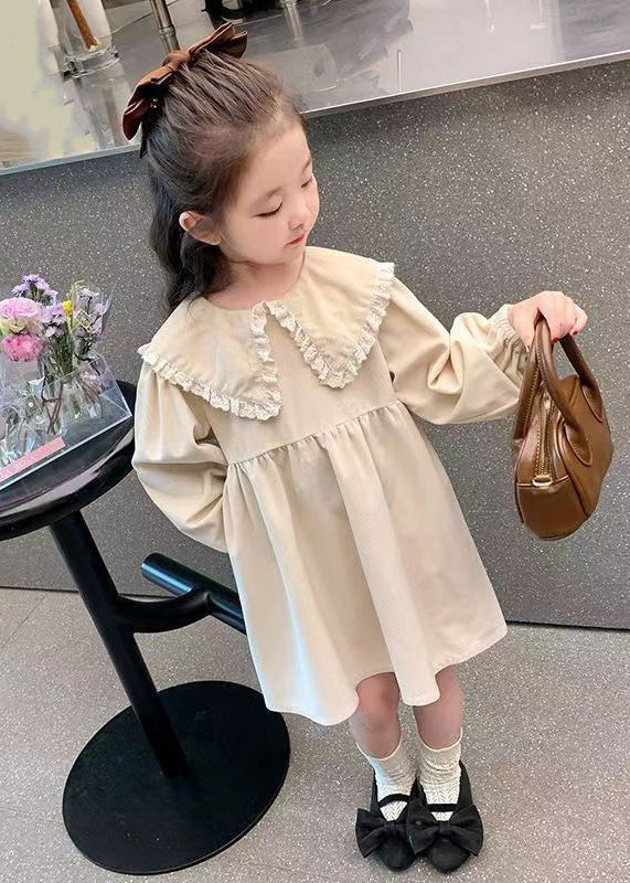 Elegant Beige Peter Pan Collar Solid Cotton Girls Dresses Long Sleeve XZ056 FALL-MM-RCTZ-FDGM240618