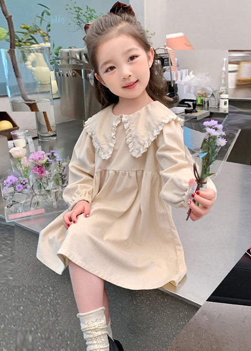 Elegant Beige Peter Pan Collar Solid Cotton Girls Dresses Long Sleeve XZ056 FALL-MM-RCTZ-FDGM240618