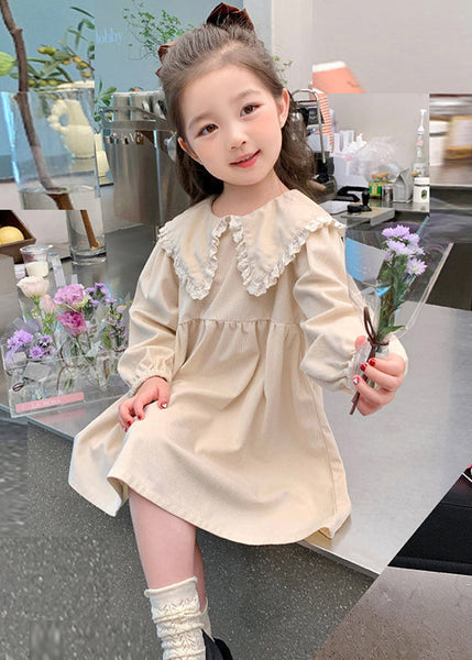 Elegant Beige Peter Pan Collar Solid Cotton Girls Dresses Long Sleeve XZ056 FALL-MM-RCTZ-FDGM240618