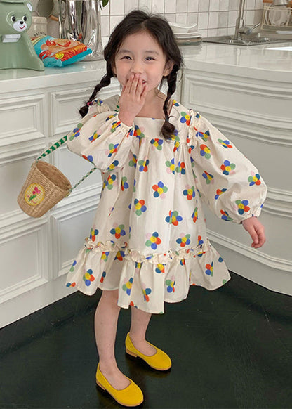 Elegant Beige Ruffled Print Cotton Girls Dress Long Sleeve XZ086 FALL-MM-RCTZ-FDGM240618
