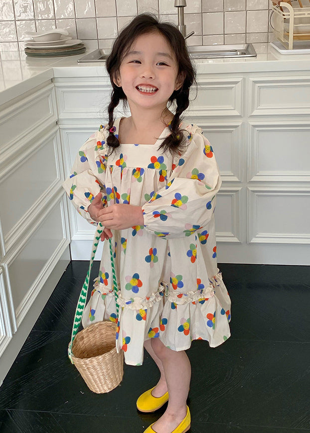 Elegant Beige Ruffled Print Cotton Girls Dress Long Sleeve XZ086 FALL-MM-RCTZ-FDGM240618