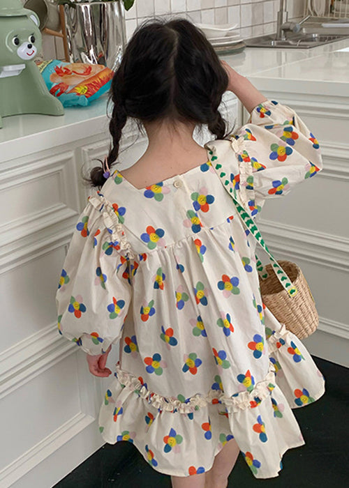 Elegant Beige Ruffled Print Cotton Girls Dress Long Sleeve XZ086 FALL-MM-RCTZ-FDGM240618